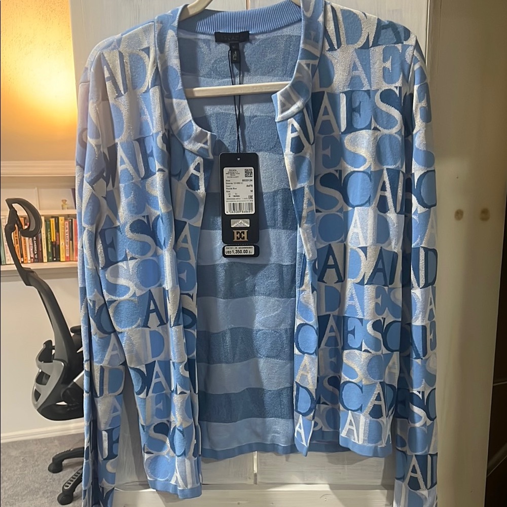 Escada Light Blue and White Patterned Cardigan